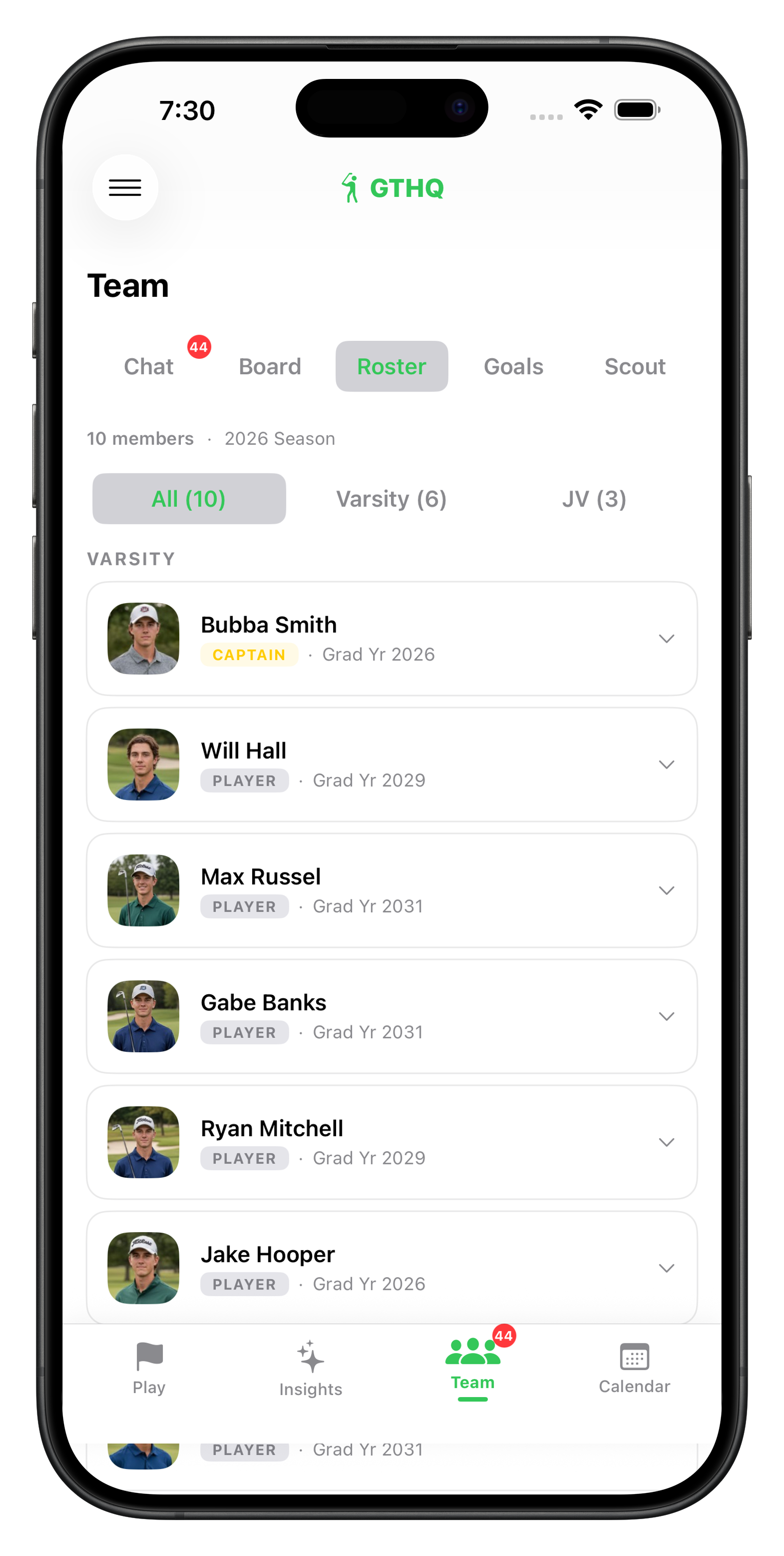 Team roster with Varsity and JV tabs